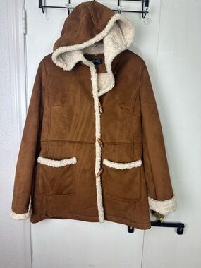 Jones New York Brown Suede-Look Hooded Trench Coat with Cream Sherpa Trim